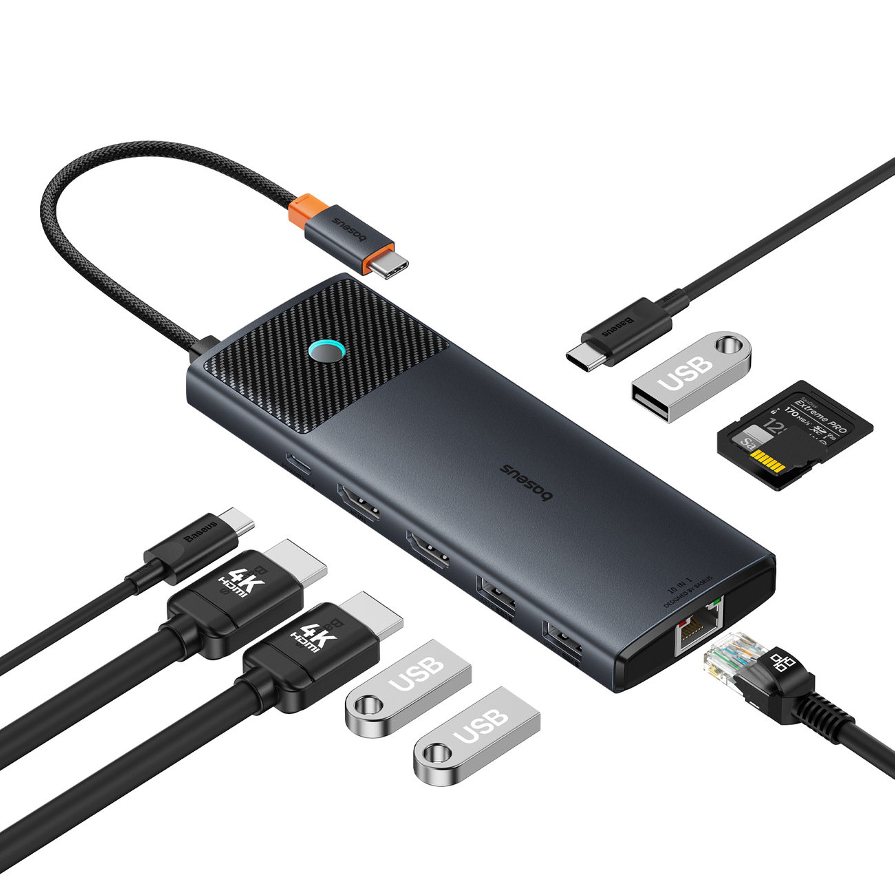 virtualnazona_baseus_b00061801123-00_1 USB хъб Baseus 10 в 1 Metal Gleam Series USB-C към USB-C PD / USB-C / 3x USB-A / 2x HDMI / RJ-45 / SD / TF B00061800123-00 - черен - Image 1
