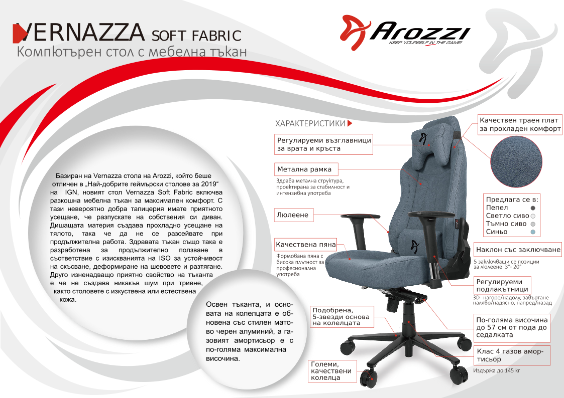 arz_vernazza-sfb-ash_13875 Геймърски стол Arozzi Vernazza Soft Fabric, цвят пепел - Image 1